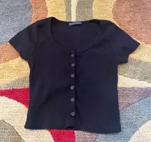 Zelly Short Sleeve Crop Top Black Button Down Ribbed One Size