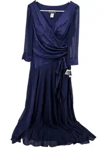 Alex Evenings Mother of the Bride Maxi Dress Gown Satin Mesh Draped Blue 6 NWT