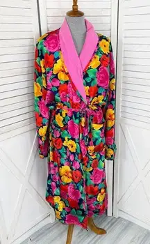 Victoria’s Secret Vintage Floral Satin Terrycloth Lined Robe Blue Pink One Size