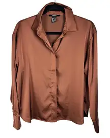 Forever 21 Women's Small Bronze Brown Long Sleeve Button Down Satin Shirt Top