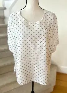 Symple NYC Linen Cotton White Beige Polka Dot Scoop Neck Short Sleeve T-Shirt