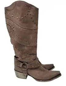 Lane Brown Suede Studded Grommet Harness Western Cowboy Boots Zipper Size 7