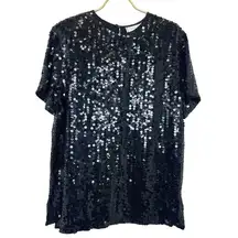 Diane Gilman Sequined Silk Blouse Tunic Black Color Evening Party Size M