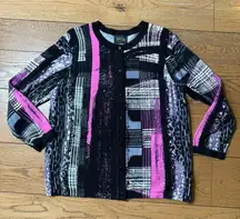 Bob Mackie Wearable Art Cardigan SZ L Abstract Button Up Black Pink Statement
