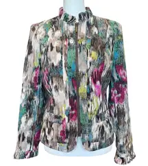 RQT Jacket Medium Petite Corduroy Tan Pink Floral Zip Front Ruffle Neck Pockets