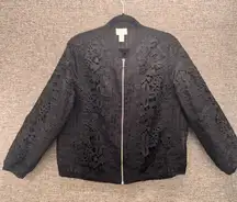 Chicos‎ Womens Bomber Jacket Size L or 2  Black Lace FloraL Lightweight