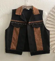 Vintage Western Cowgirl Rodeo Denim Faux Ostrich Leather Beaded Fringe Jacket Vest Black Brown Texas RARE Sz S #boho #bohemian #gypsy #indie Measurement in pics