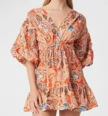 MISA Los Angeles “Sari” Balloon-Sleeve Floral Cotton Mini Dress | L | NWT