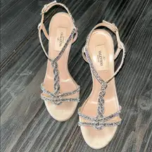 Valentino Nude Sandals with Glittering Black Straps Size 36 GUC straight legged