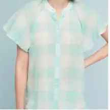 Anthropologie Maeve Mint Gingham Flutter Sleeve Top Women’s S Semi Sheer Peasant