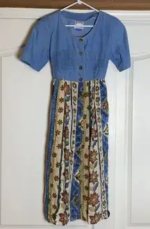 VINTAGE DENIM BUTTON FRONT FLORAL MAXI DRESS COTTAGE GRANDMA CORE