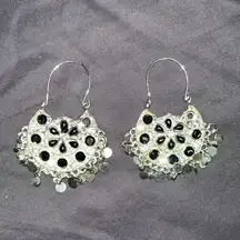 Silver Threadthrough Earrings With Black Bead And Silver Chime Decorations