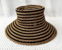 Eric Javits Beige Tan Black Stripe Squishee Packable Straw Bucket Hat UPF 50 OS