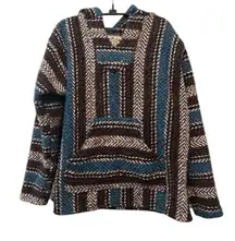 Vintage Baja Joe Mexican Hoodie - Black, White, and Blue Pullover Surfer Ski top