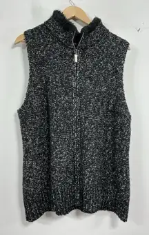 Womans Charter Club Woman Knit Vest 2X Black Front Zip Mock Neck Faux Fur Accent