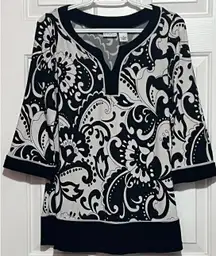 Kim Rogers Women's‎ Black White Printed V-Neck 3/4 Sleeve Length Blouse Size M