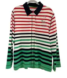 ALFRED DUNNER Red Green Blue White Striped Snap Close Sweater Size 16