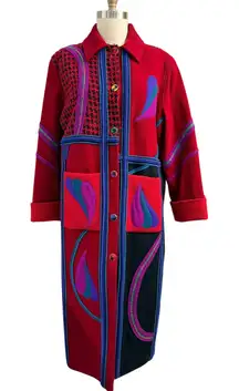 VTG Coloratura Red Wool Patchwork Maxi Coat Artsy Boho Avant Garde 80s 90s M