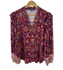 Democracy Floral Popover Top Size PM‎ Burgundy Stretch Soft Comfort Boho Hippie