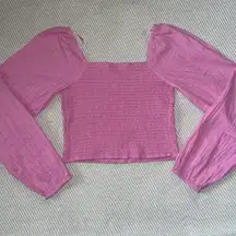 Smocked Pointelle Long Puff Sleeve Bubblegum Pink Crop Top Sz S