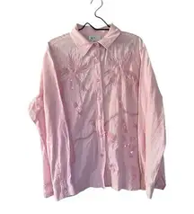 Quacker Factory Pink Palm Tree Sequin Button Up Shirt Women’s Plus Size 1X VTG