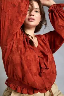 Anthropologie Textured Floral Ruffle Blouse Top Shirt Rust Crimson Size XS Boho