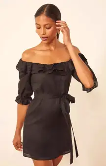Reformation Indio Mini Dress Black‎ Off Shoulder Linen Short Sleeve size xl READ
