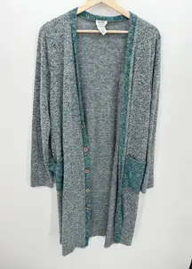 Bibi Cardigan Women XL Blue Faux Button Open Front Long Sweater Rayon Blend