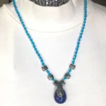 Artisan lapis lazuli pendant glass beaded marcasite blue necklace 20”