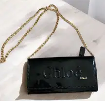 Authentic Chloe Eclipse black patent leather wallet on chain gold crossbody