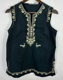 Soft Surroundings Tunic Tank PL Black Embroidered Boho Hippie Peasant Festival