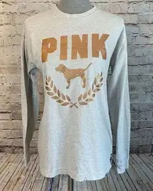 Victoria's Secret Womens Long Sleeve Shirt Graphic Pullover Cotton Gray Gold