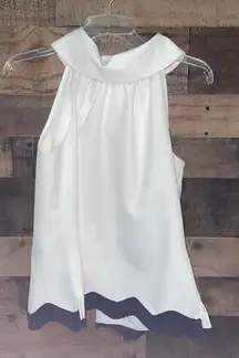 Sail to Sable Cream Cowl Neck Top with Back Buttons and Navy Rick Rack Trim