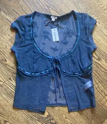 Garage Teal Split Front Lace Top