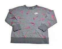 NIKE Women Small‎ All Over Pink Swoosh Graphic Crewneck Pullover Grey