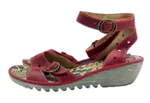 Fly London Red Strappy Wedge Sandal Boho Leather Buckle Strappy Women's size 41