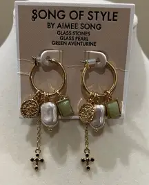 Song of Style Gold and Cream Earrings with Green Accents