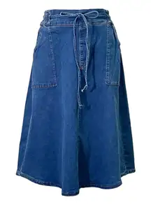 Kancy Kole A-Line Denim Midi Skirt Blue Tie Waist Utility Pockets Size Medium M