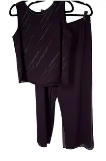 R&M Richards Petite 2 Piece Pant Suit Set Plum Silver Sparkle Formal Evening