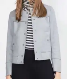 Zara Basic‎ Jacket Faux Suede Collarless Button Up Light Blue Size L