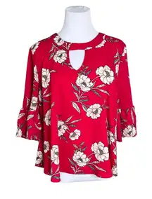 URBAN Romantics Red Floral Swing‎ Blouse LARGE Keyhole Neck Ruffle Sleeves NWOT