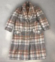 Vtg Mohair Wool Overcoat Plaid Single Breast Long Trench Pea Coat Fuzzy Sz 8