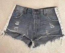 Twelve Lace Up Side Button Fly Cut Off Jean Shorts Womens M Festival Blue Denim
