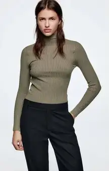 Zara Long Sleeve Fitted Ribbed Knit Sweater Mock Neck Lightweight S Moss Green