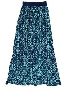 Blue Green Print Maxi Skirt Joe B Elastic Waist Full Ankle Length SMALL