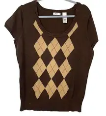 LIZ & CO BROWN TAN ARGYLE SHORT SLEEVE COTTON SWEATER VEST LARGE