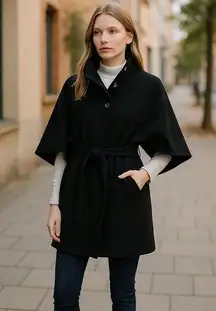 NWT Hilary Radley Black Wool Blend Belted Coat Poncho Cape Small