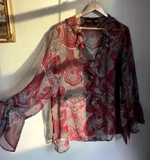 Y2K Paisley Sheer Red Flowy Ruffle Blouse 22 Boho Fairycore Whimsygoth Flutter