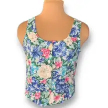 Vintage Royal Creations Tank Cropped Blue Pink Tropical Flower Detail Scoopneck