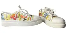 J Slides Women's 9 Noir‎ Floral Embroidered Platform Sneaker White Beige Artsy